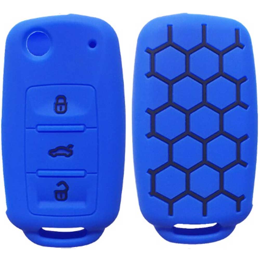 Kék színű, 3 gombos Skoda kulcs szilikon tok fekete mintával.