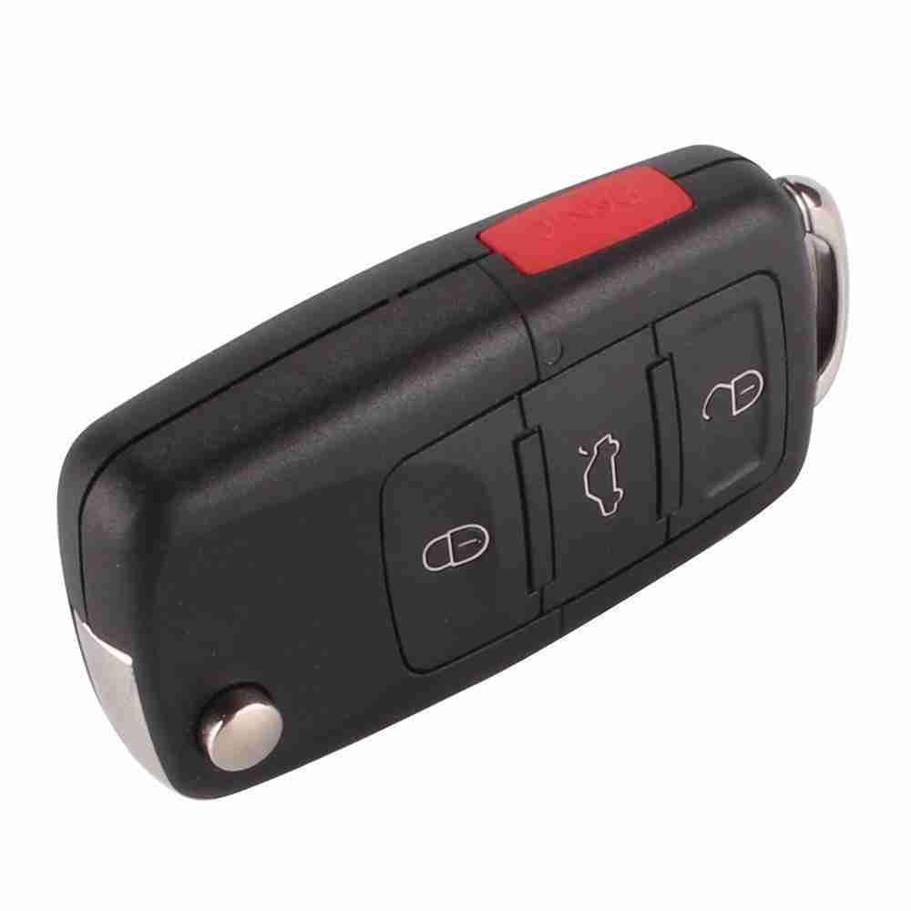 Fekete színű, 3 gombos VW kulcs, kulcsház az oldalán piros PANIC gombbal.