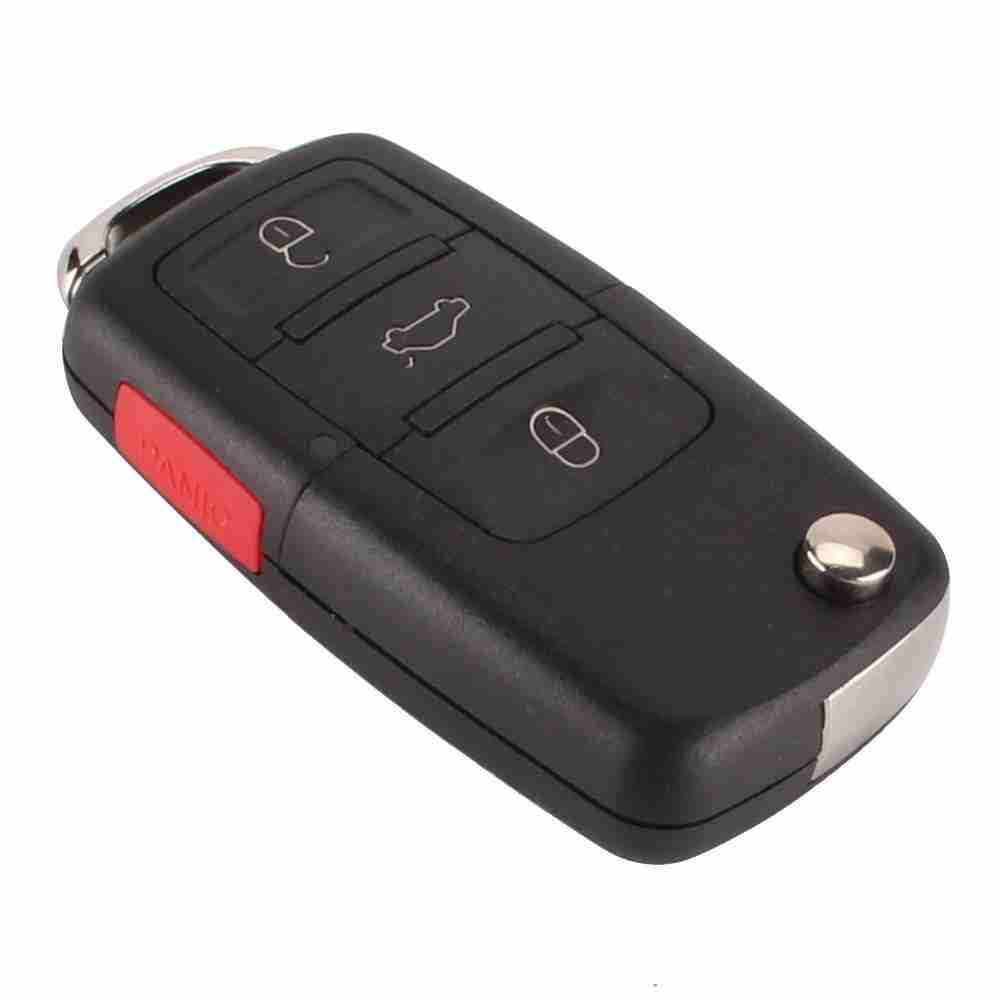 Fekete színű, 3 gombos VW kulcs, kulcsház az oldalán piros PANIC gombbal.