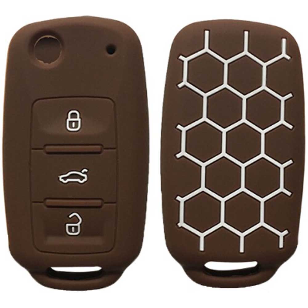 VW 3 gombos kulcs szilikon tok barna színben fehér gombokkal
