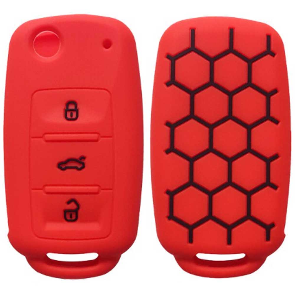 Piros színű, 3 gombos VW kulcs szilikon tok fekete mintával.